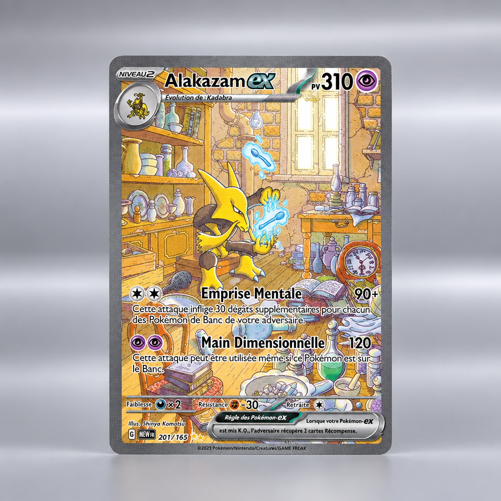 Carte Pokémon Alakazam ex 201/165 sur fond studio