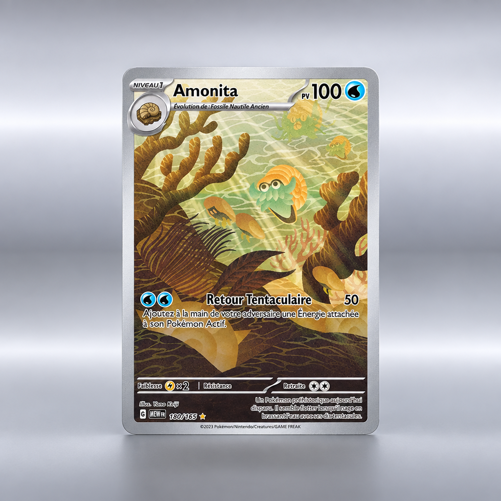 Carte Pokémon Amonita 180/165 sur fond studio
